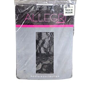Allegri JD-02 Thigh-Hi Stockings Womens Medium Black Floral Lace Made in USA
